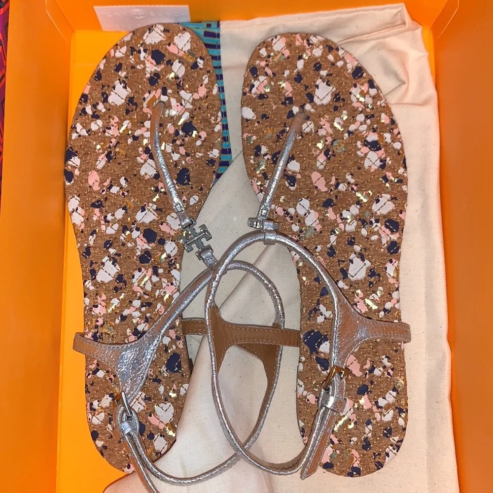 Tory Burch marion quilted sandals confetti reverse metallic silver new box 5.5